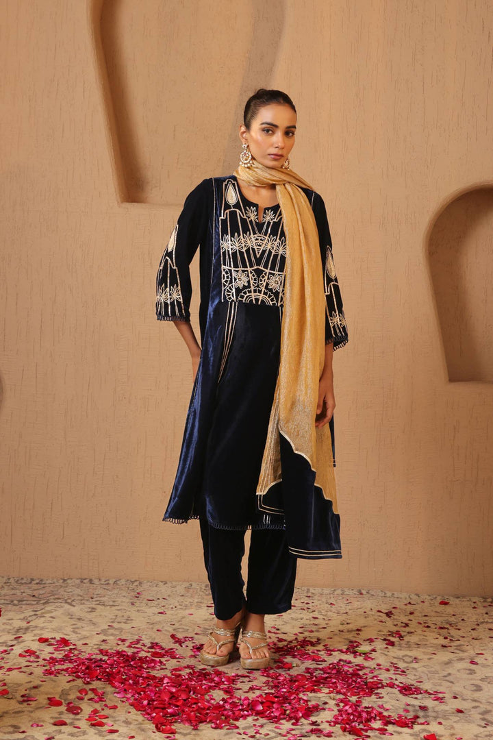 Navy Gota Velvet Anarkali with Narrow Pants and Scallop Dupatta - Set of 3