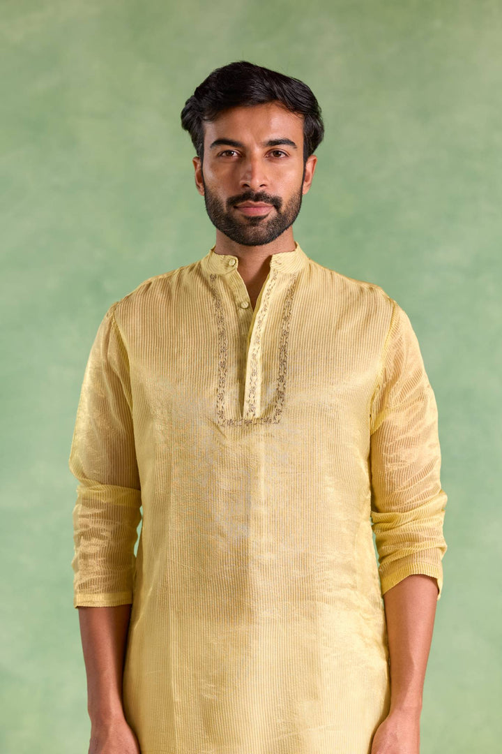 Yellow Gold Stripe Embroidered Kurta