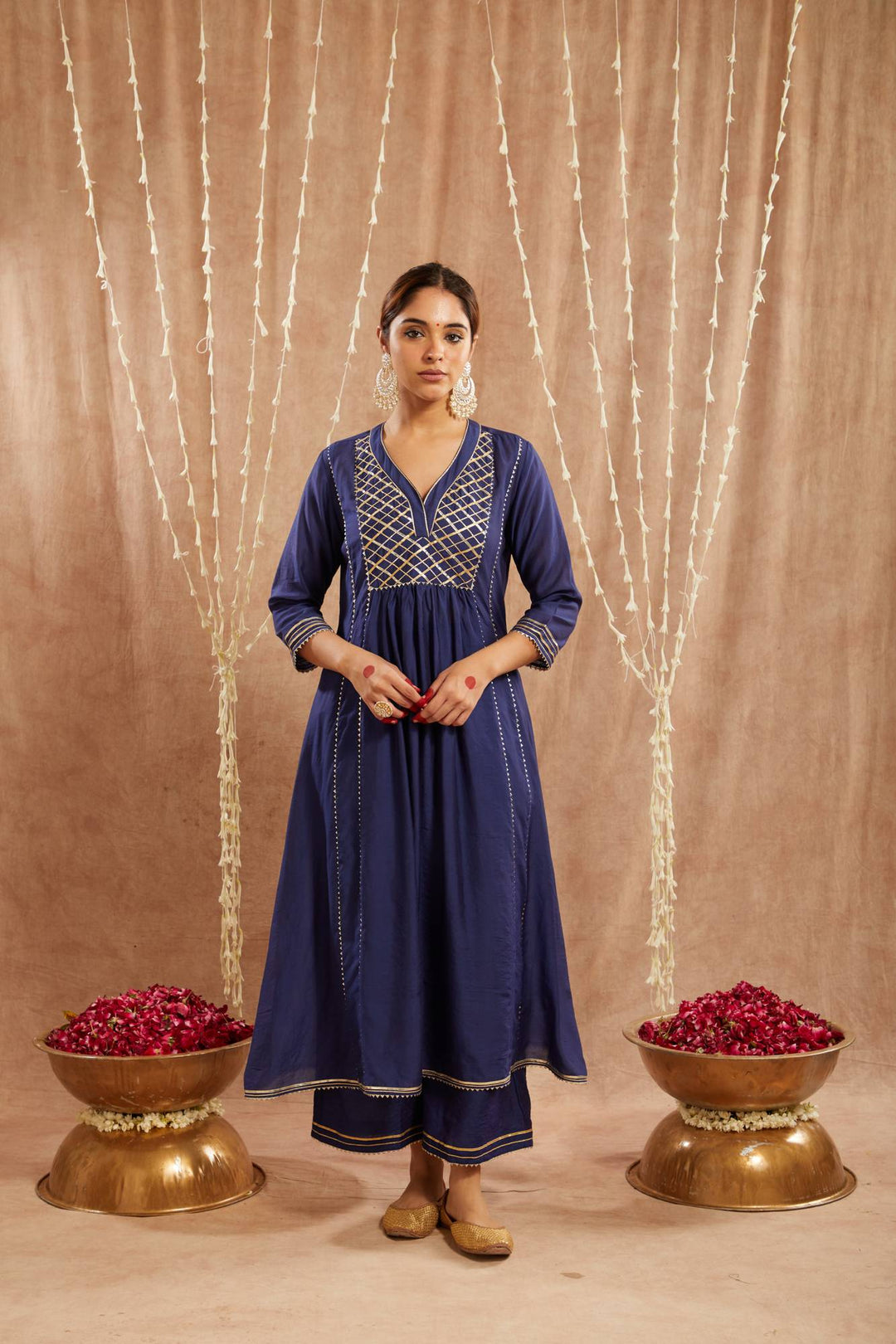 Royal Blue Gota Chanderi Kurta with Wide Leg Pants and Dupatta - Set of 3