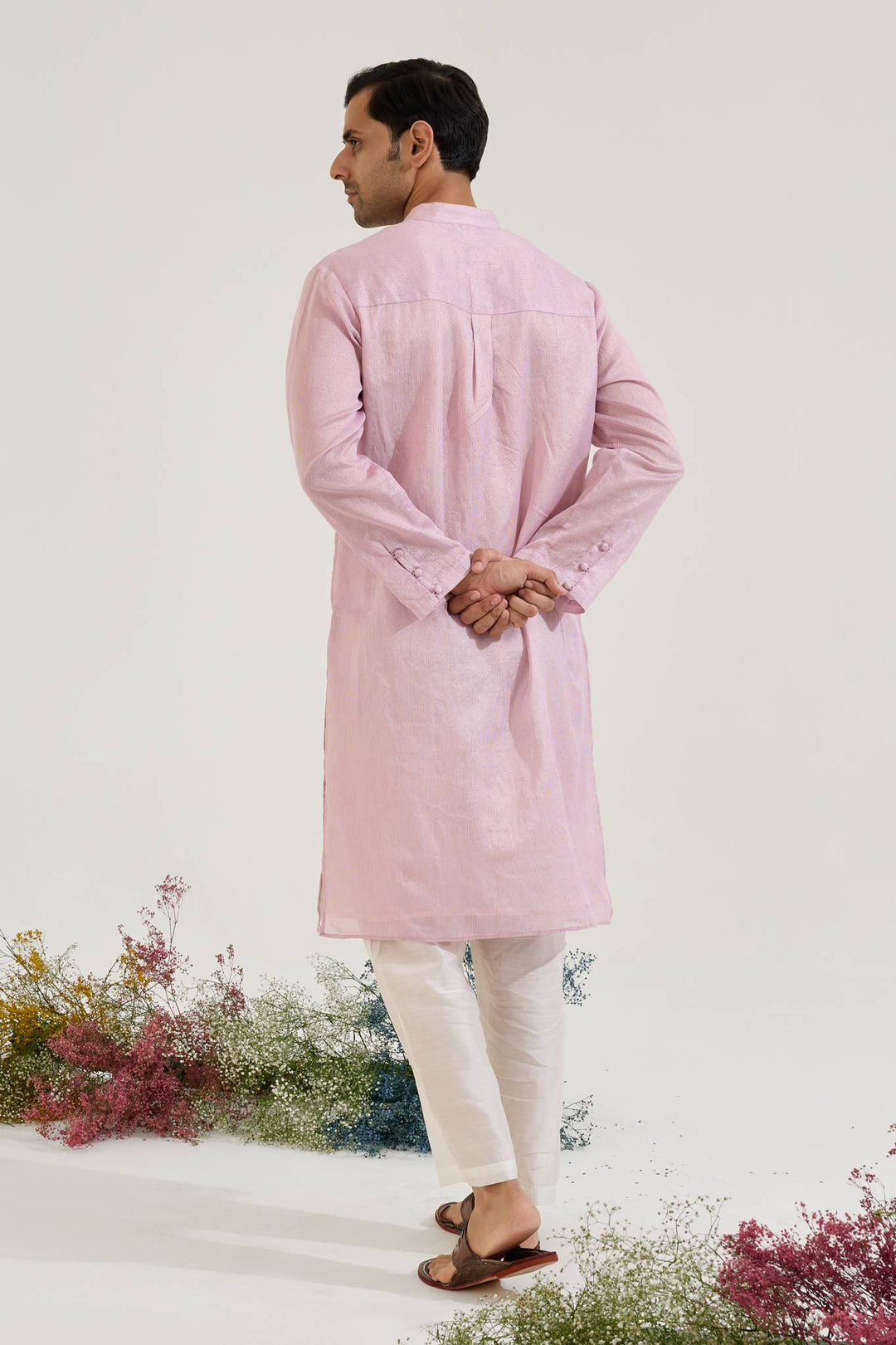 Lilac Embroidered Chanderi Stripe Kurta with Narrow Pants - Set of 2