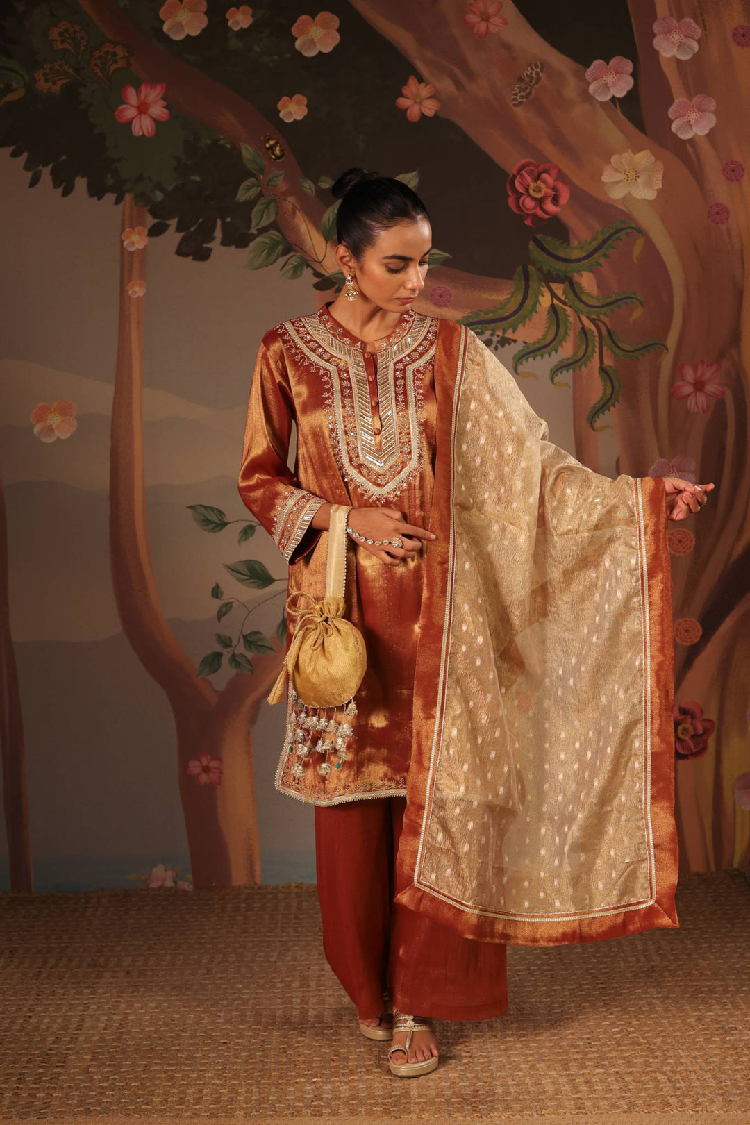 Rustic Zari Tissue Kurta with Flared Pants and Dupatta - Set of 3