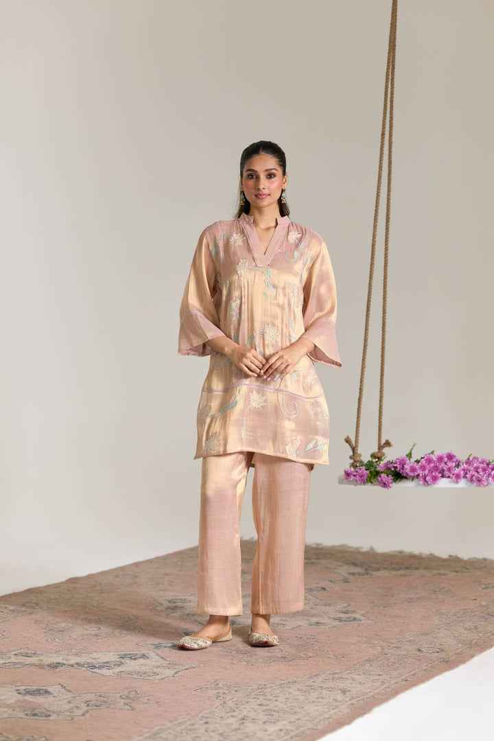 Blush Mint Applique Embroidered Tissue Kurta Set with Panel Dupatta - Set of 3