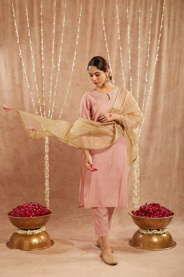 Peach Dori Chanderi Kurta with Narrow Pants and Dupatta- Set of 3