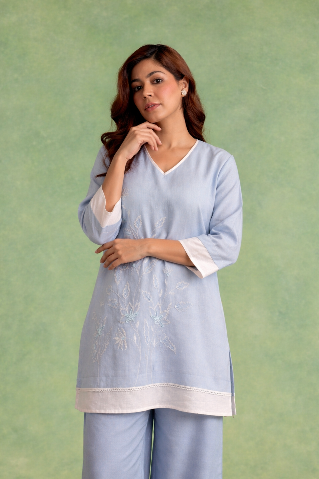 Old Blue Embroidered  Handloom Linen Co-ord Set