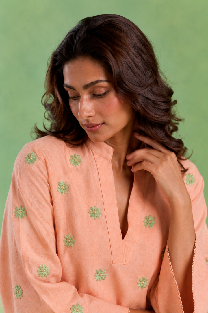 Peach Flora Embroidered Handloom Cotton Top