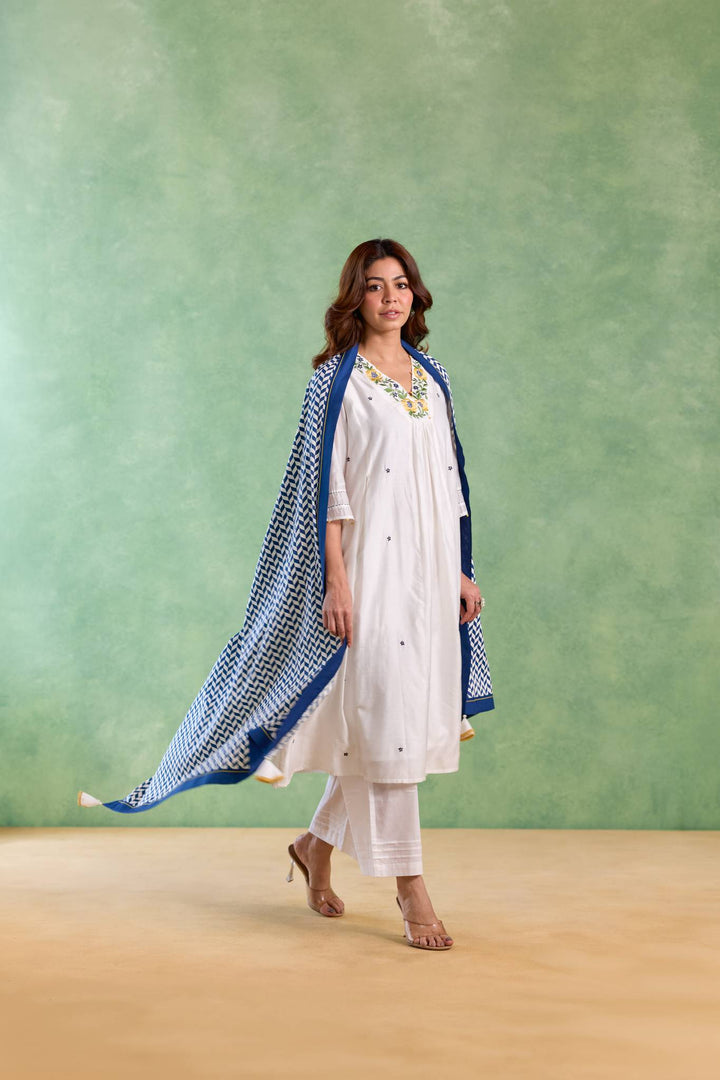Blue Petal Embroidered Kurta with Wide-Leg Pants and Dupatta - Set of 3