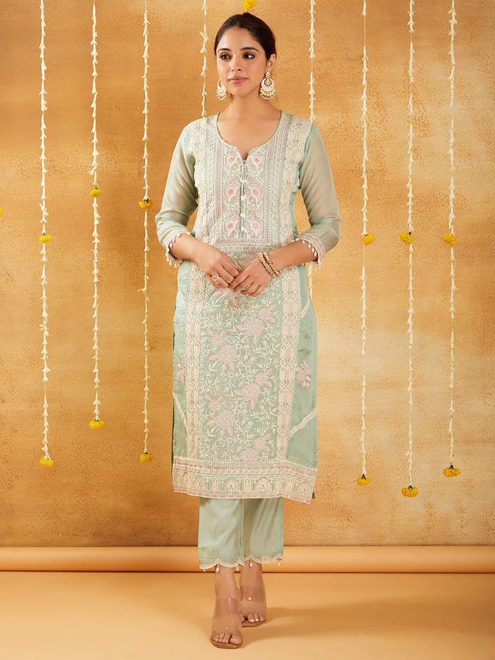 Mint Pearl Embroidered Kurta Set with Dupatta - Set of 3