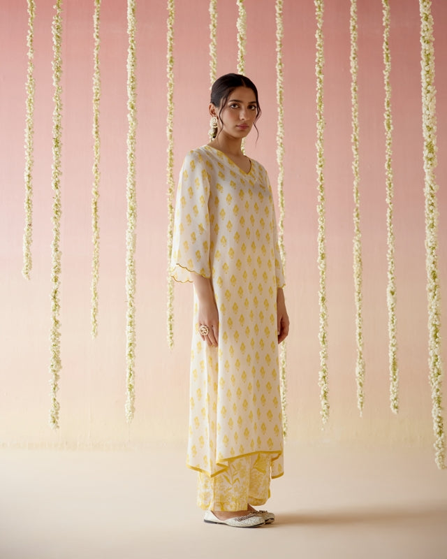 Freesia Yellow A-Line Long Kurta with Wide Leg Pants- Set of 2