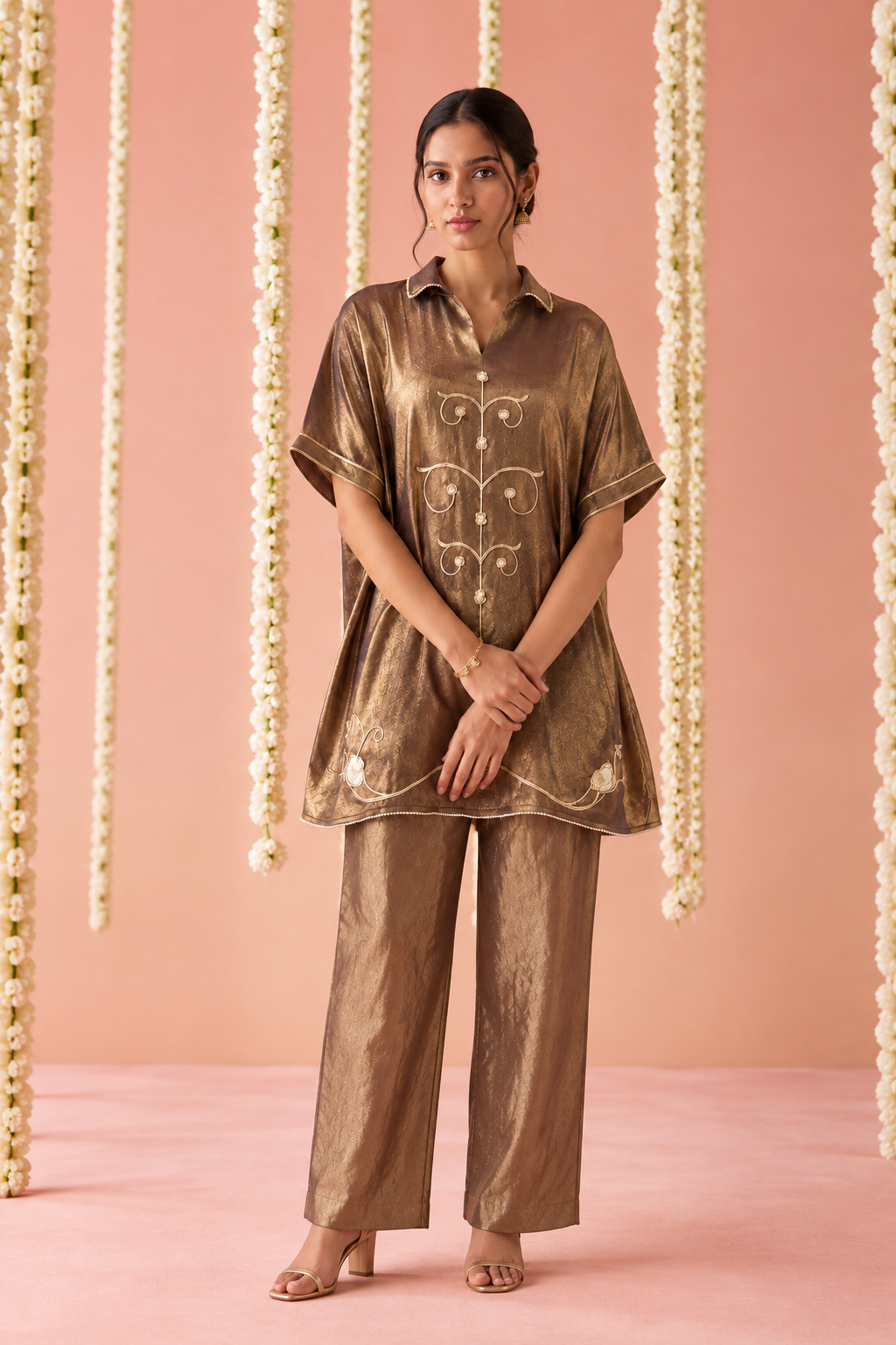 Regal Brown Dori Embroidered Tissue Co-ord Set - Set of 2