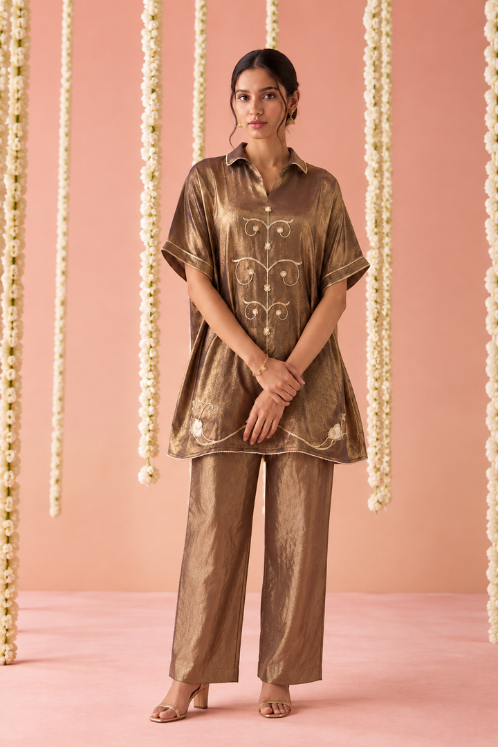 Regal Brown Dori Embroidered Tissue Co-ord Set - Set of 2