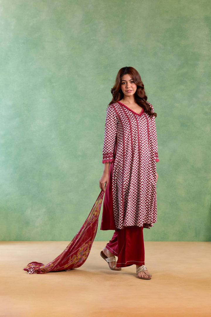 Maroon Beaded Chevron Anarkali with Flared Pants and Dupatta - Set of 3