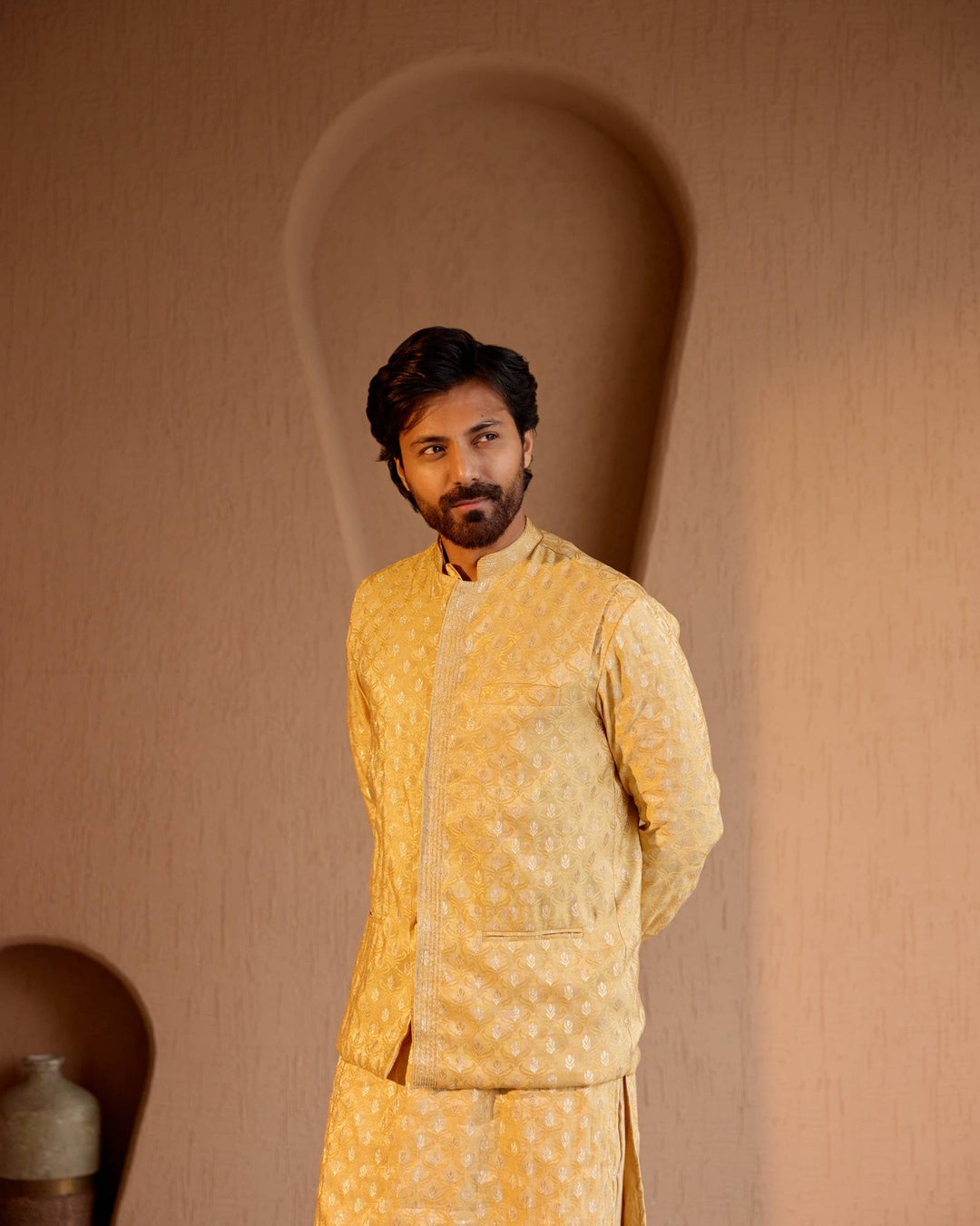 Golden Brocade Nehru Jacket with Kurta Set - Set of 3