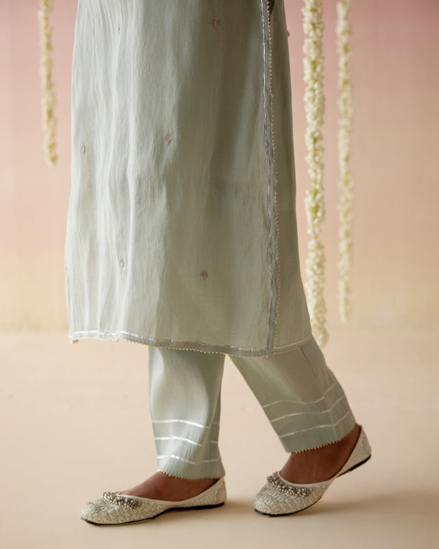 Mint Daisy Tissue Kurta with Narrow Pants - Set of 2