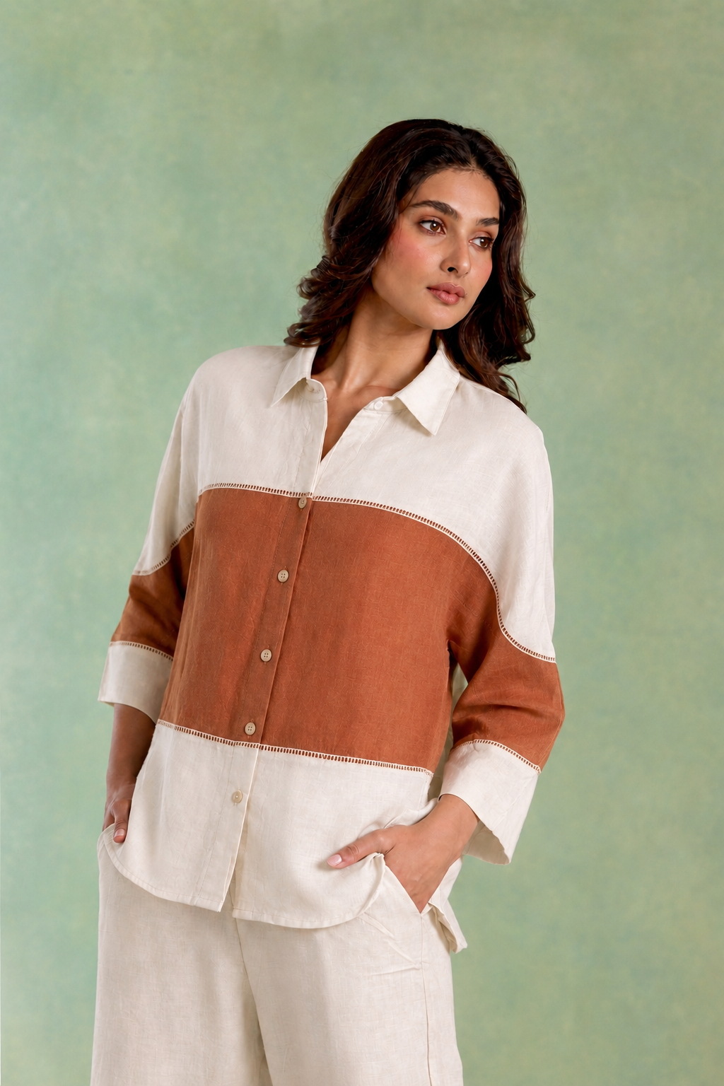 Ivory Brown Panel Handloom Cotton Top