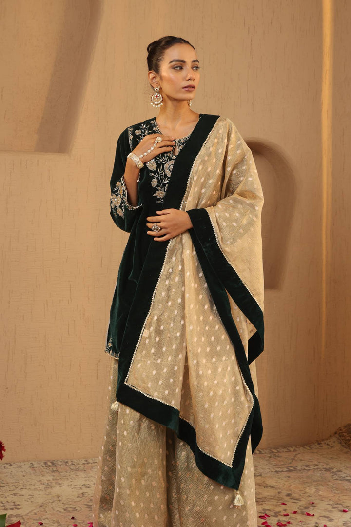 Emerald Floral Zari Dupatta