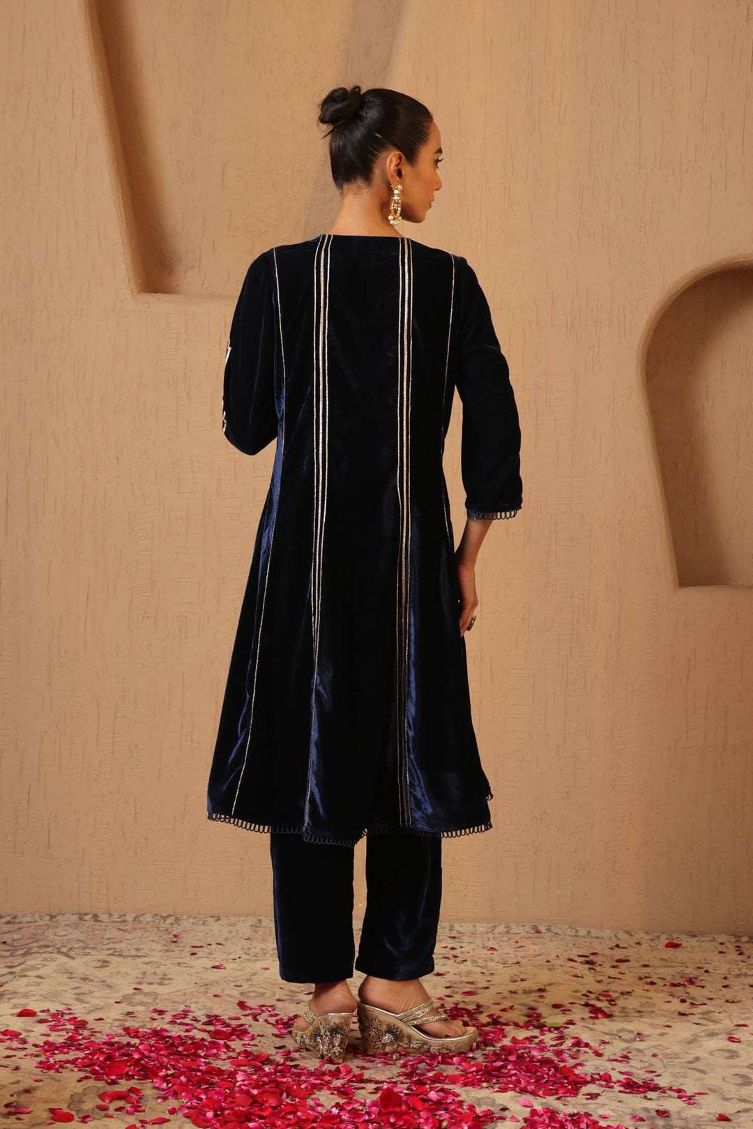 Navy Gota Velvet Anarkali with Narrow Pants- Set of 2