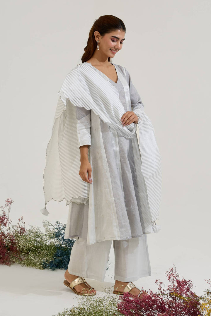 Silver Rose Panel Anarkali with Wide Leg Pants and Dupatta - Set of 3