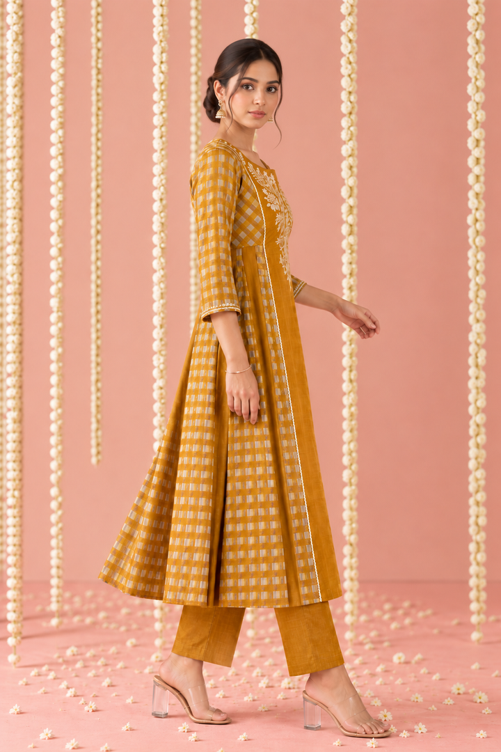 Orange Zari Embroidered Check Tissue Kurta Set - Set of 2