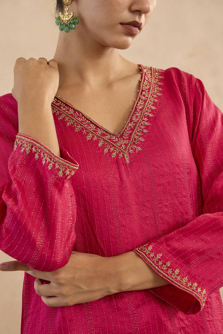 Fuchsia Pink Dori Silk Chanderi Kurta with Flared Pants - Set of 2