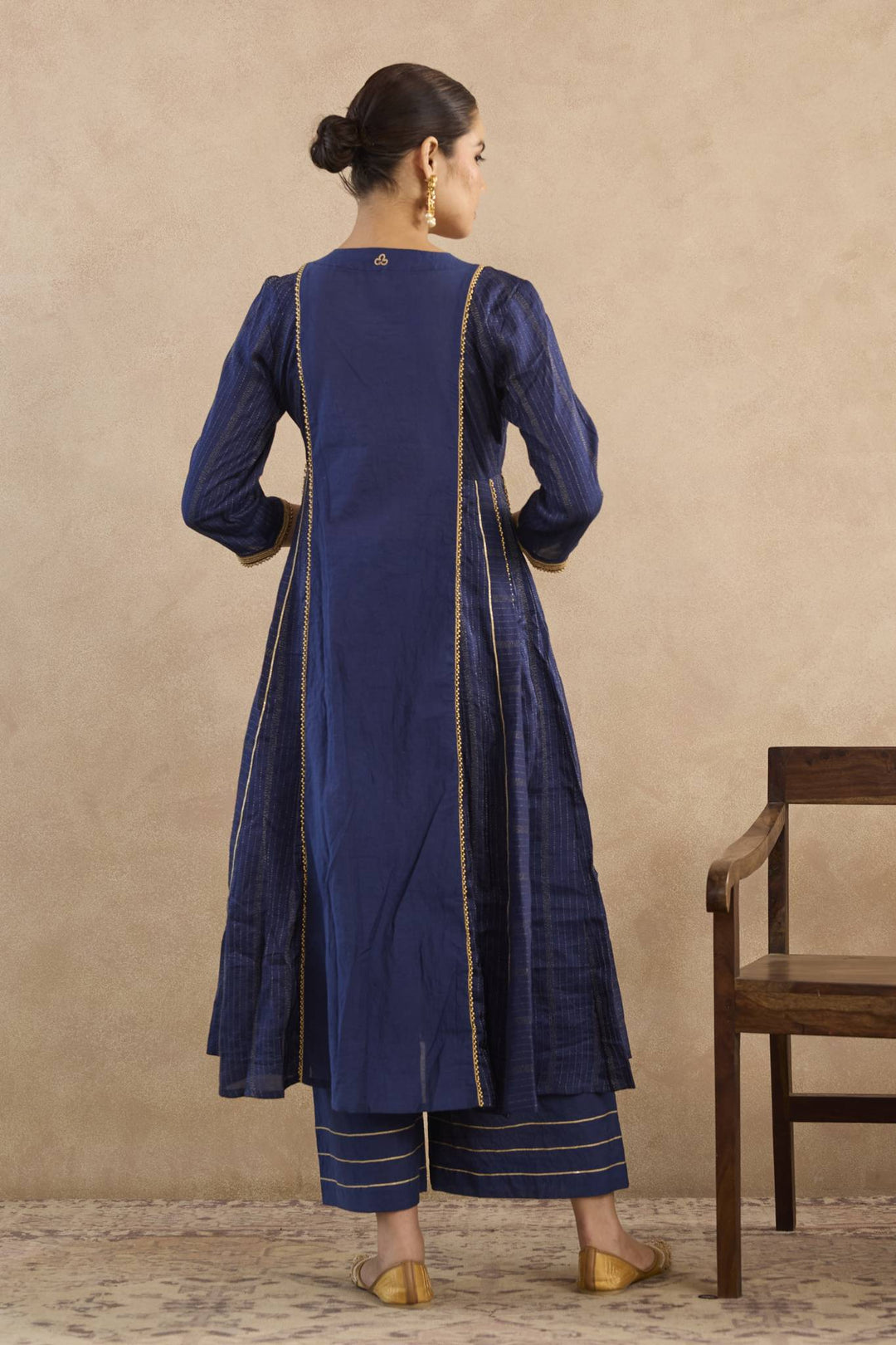 Navy Lotus Embroidered Anarakali with Flared Pants - Set of 2