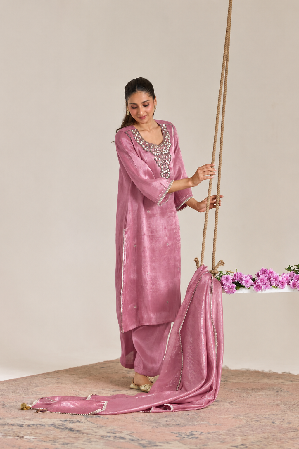 Pink Pearl Zari Embroidered Tissue Kurta Set with Stripe Dupatta - Set of 3