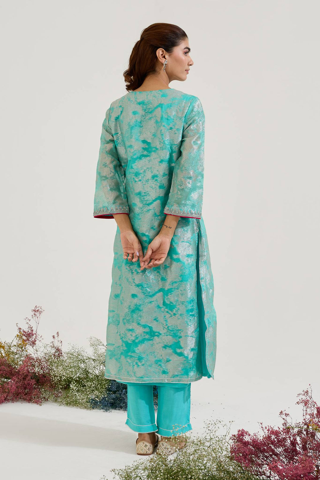Aqua Dori Jacquard Kurta with Narrow Pants and Dupatta - Set of 3