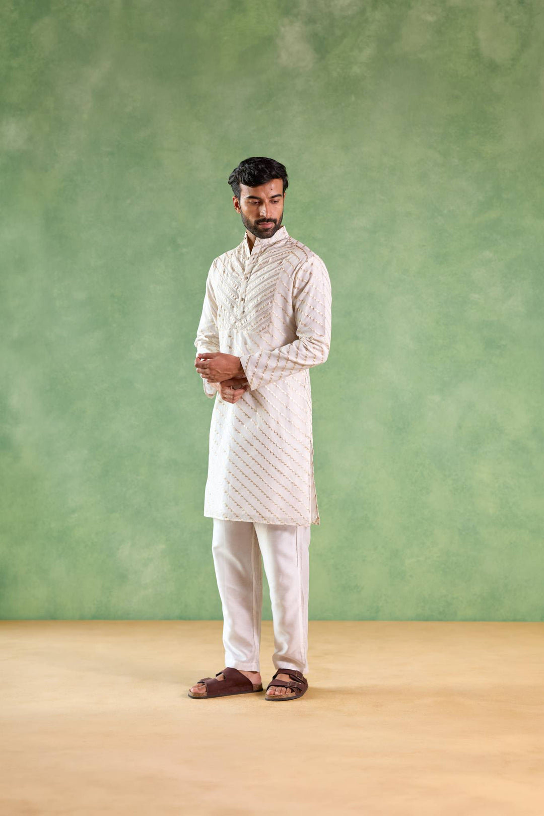 Ivory Gold Chevron Brocade Embroidered Kurta