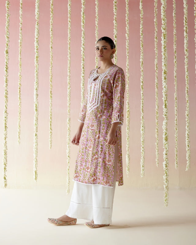 Mulberry Pink Floral Chintz Kurta with Wide Leg Pants - Set of 2