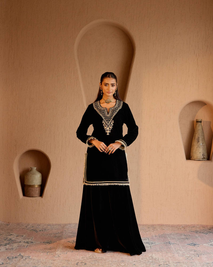 Black Dori Velvet Kurta with Sharara Pants - Set of  2