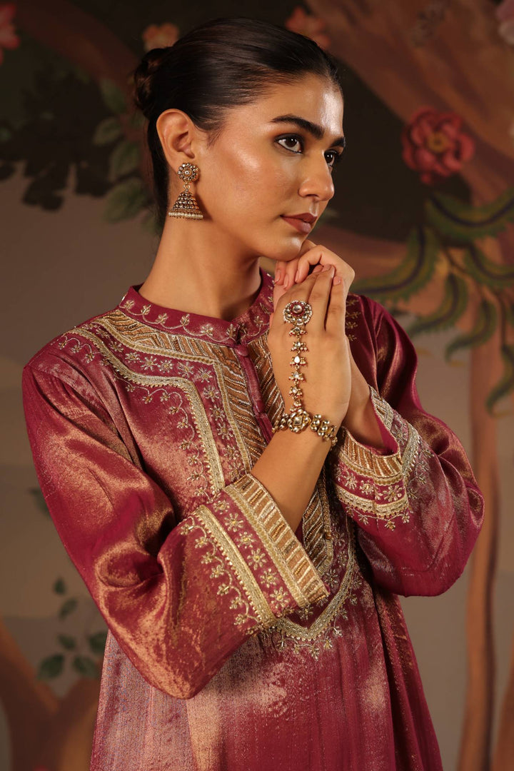 Purple Zari Tissue Kurta with Flared Pants - Set of 2