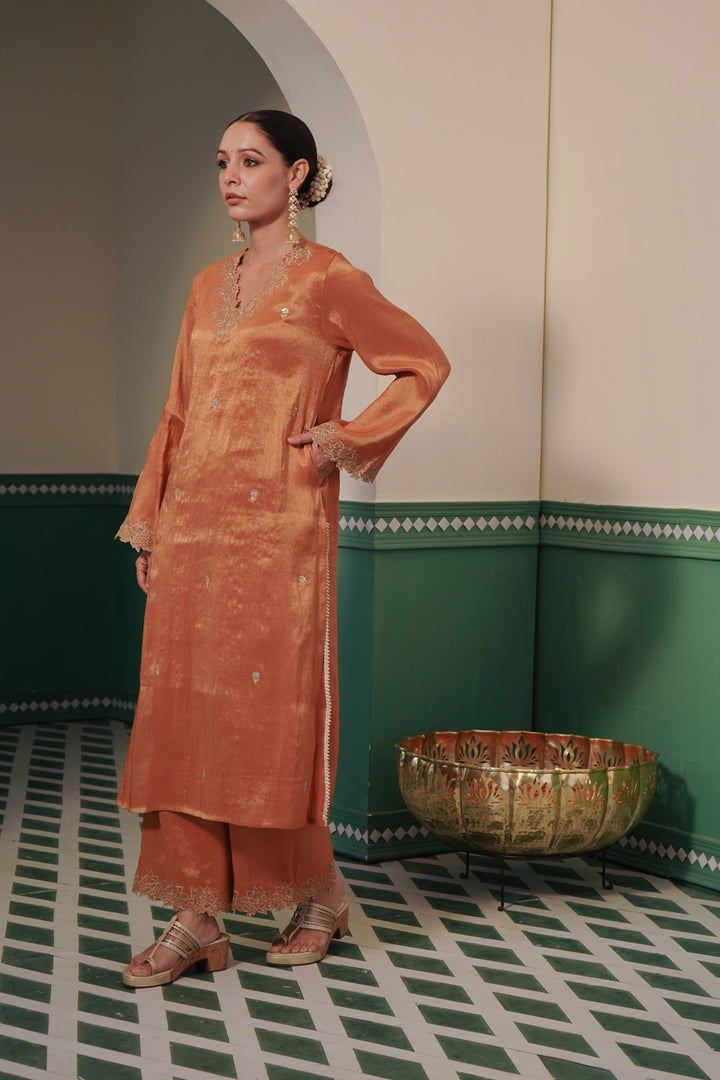 Amber Zari  Kurta Set with Wide Leg Pants & Dupatta - Set of 3