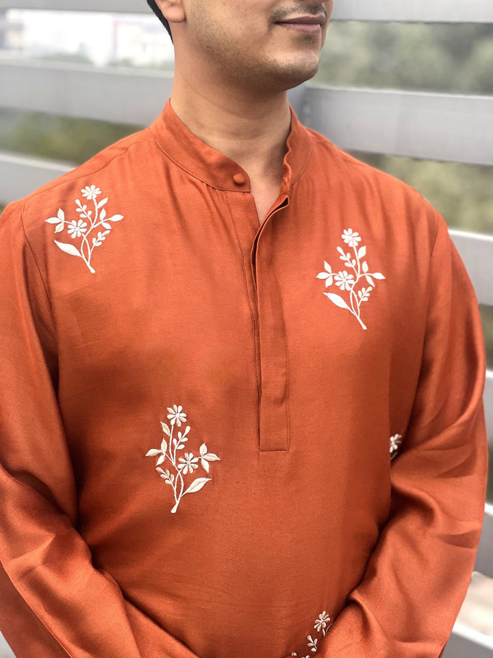 Rust Red Embroidered Silk Kurta