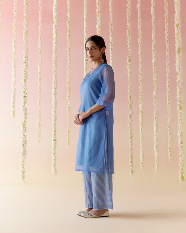 Sapphire Blue Kurta with Tissue Slip & Flared Pants - Set