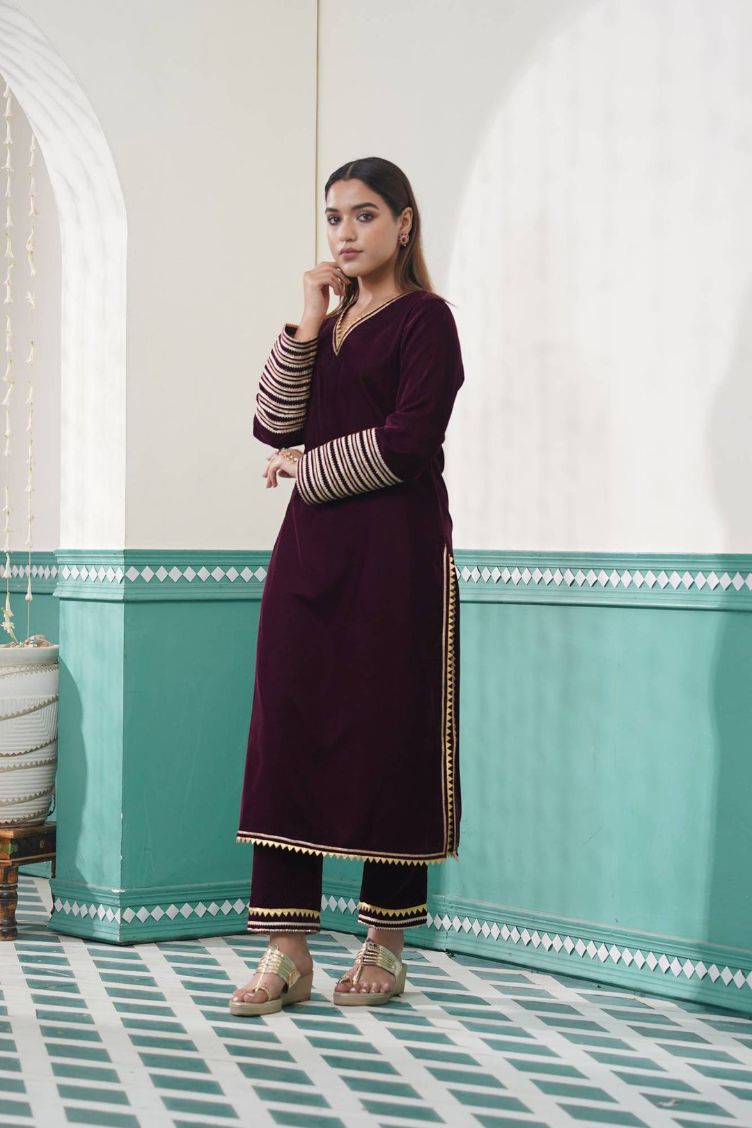 Wine Velvet Kurta Set