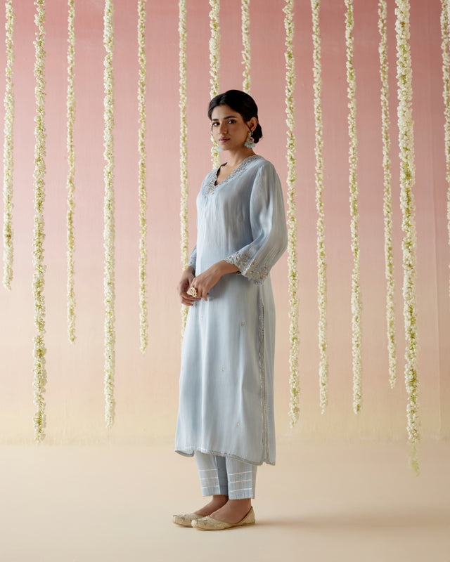 Sky Blossom Tissue Kurta with Narrow Pants - Set of 2