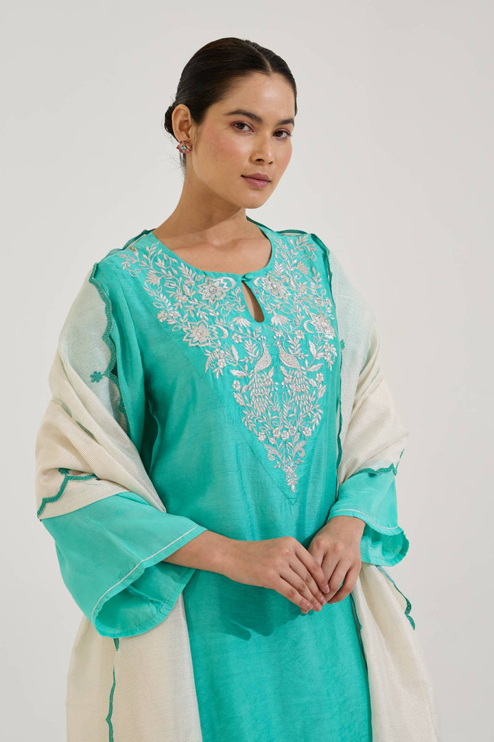 Aqua Green Zari Kurta with Farsi Salwar and Dupatta - Set of 3