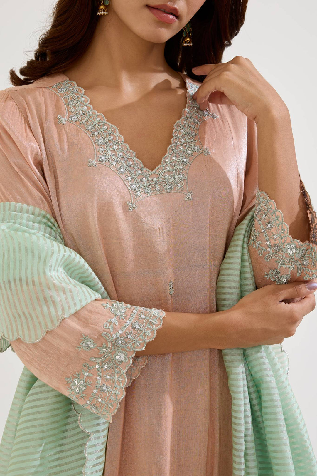 Rose Mint Dori Tissue Kurta with Wide Leg Pants and Dupatta - Set of 3