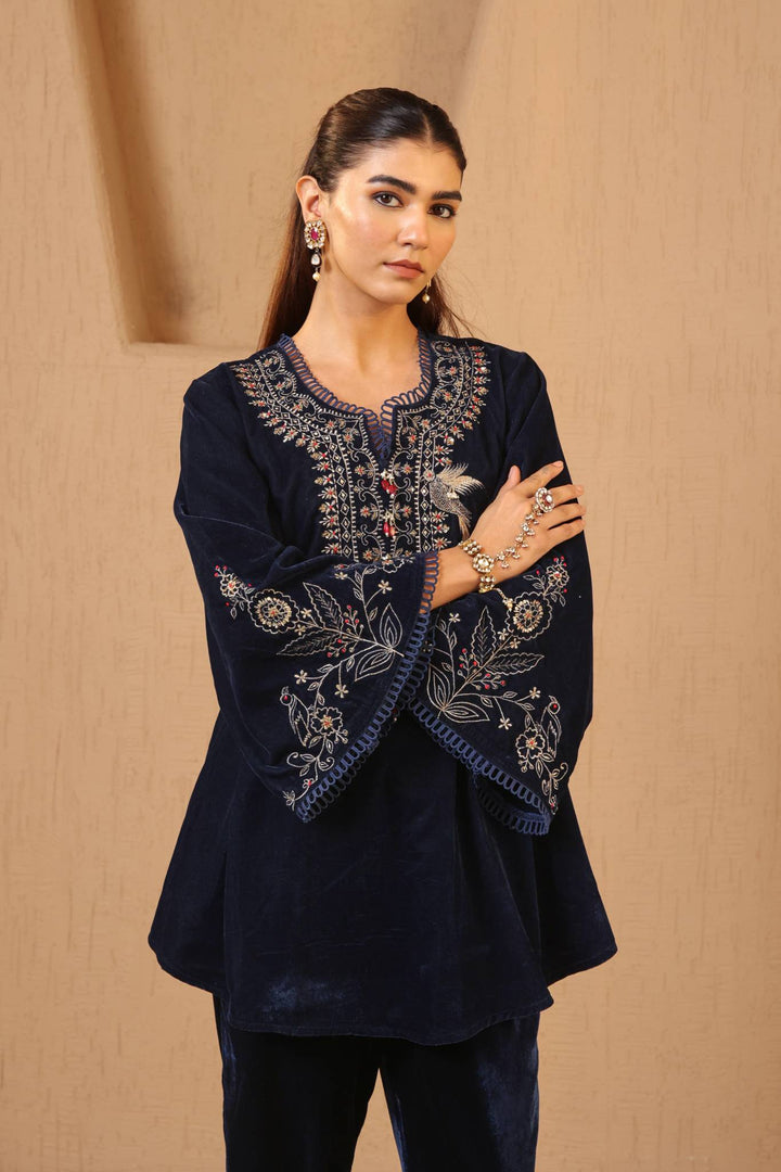 Navy Zari Charm Velvet Tunic with Narrow Pants
