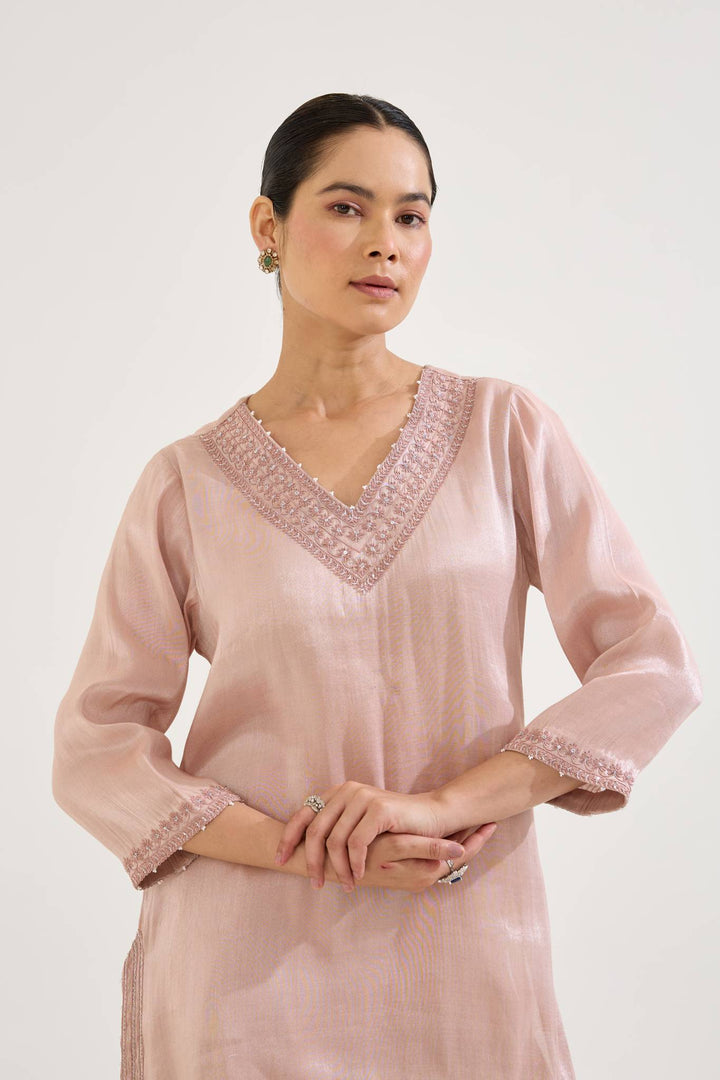 Old Pink Charm Tissue Kurta with Sharara - Set of 2