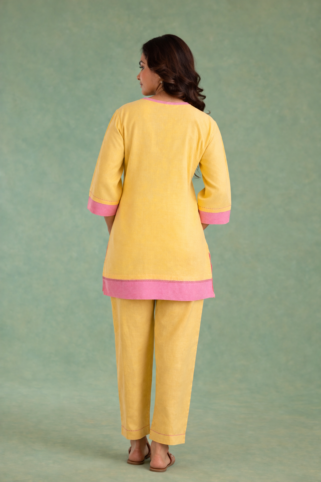 Yellow Pink Embroidered Handloom Linen Co-ord Set