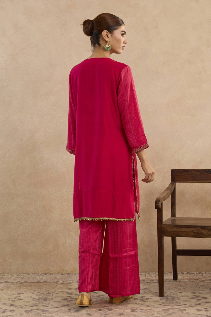 Fuchsia Pink Dori Silk Chanderi Kurta with Flared Pants and Dupatta - Set of 3