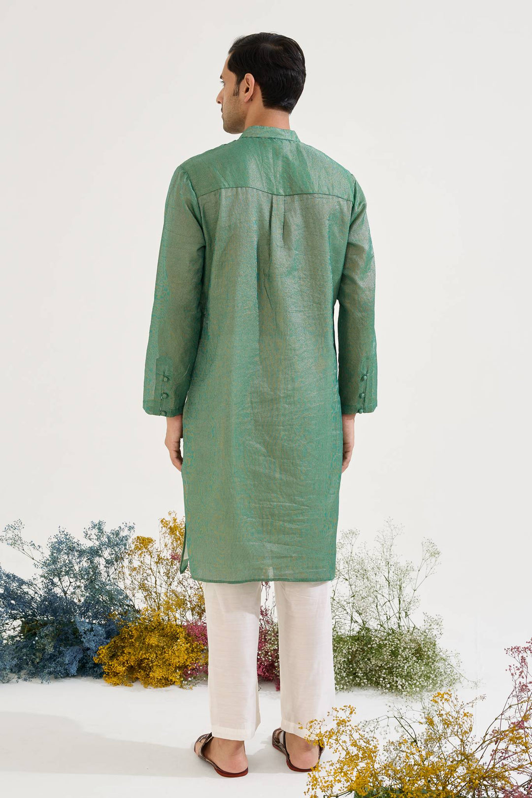 Emerald Buta Chanderi Stripe Kurta with Narrow Pants - Set of 2