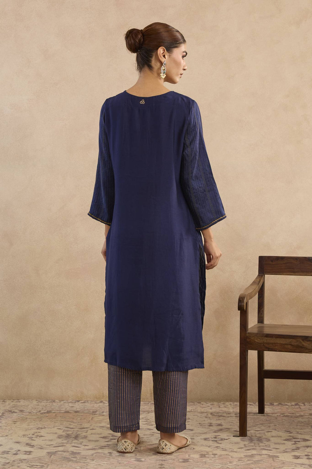 Navy Rose Charm Silk Chanderi Kurta with Narrow Pants - Set of 3