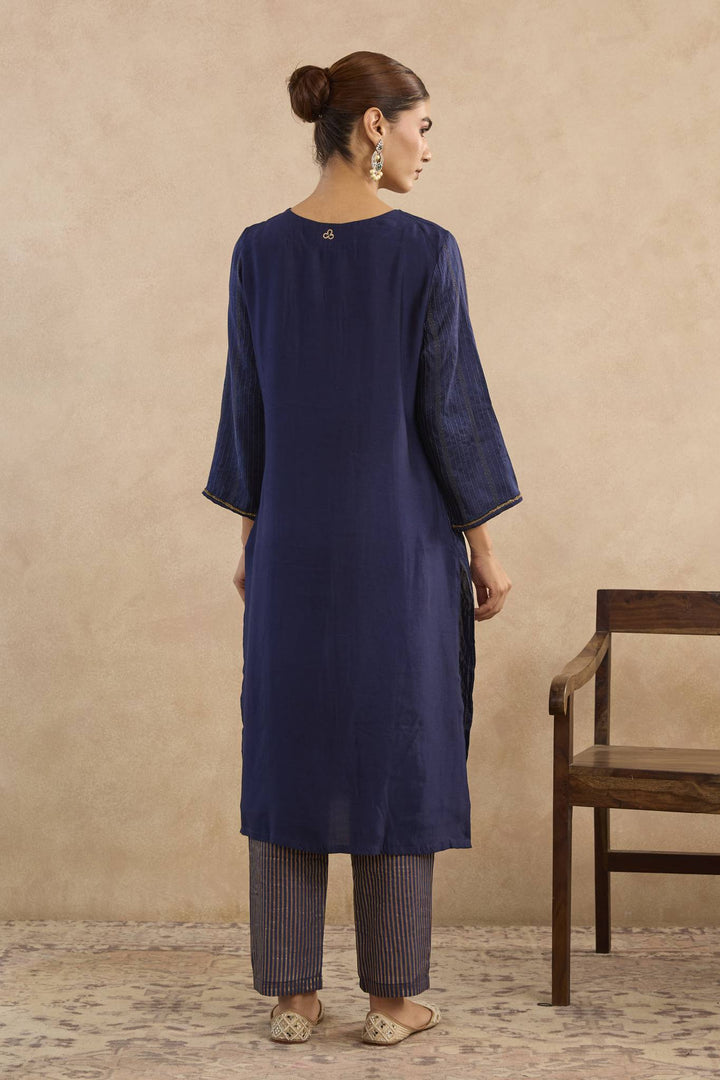 Navy Rose Charm Silk Chanderi Kurta with Narrow Pants - Set of 3