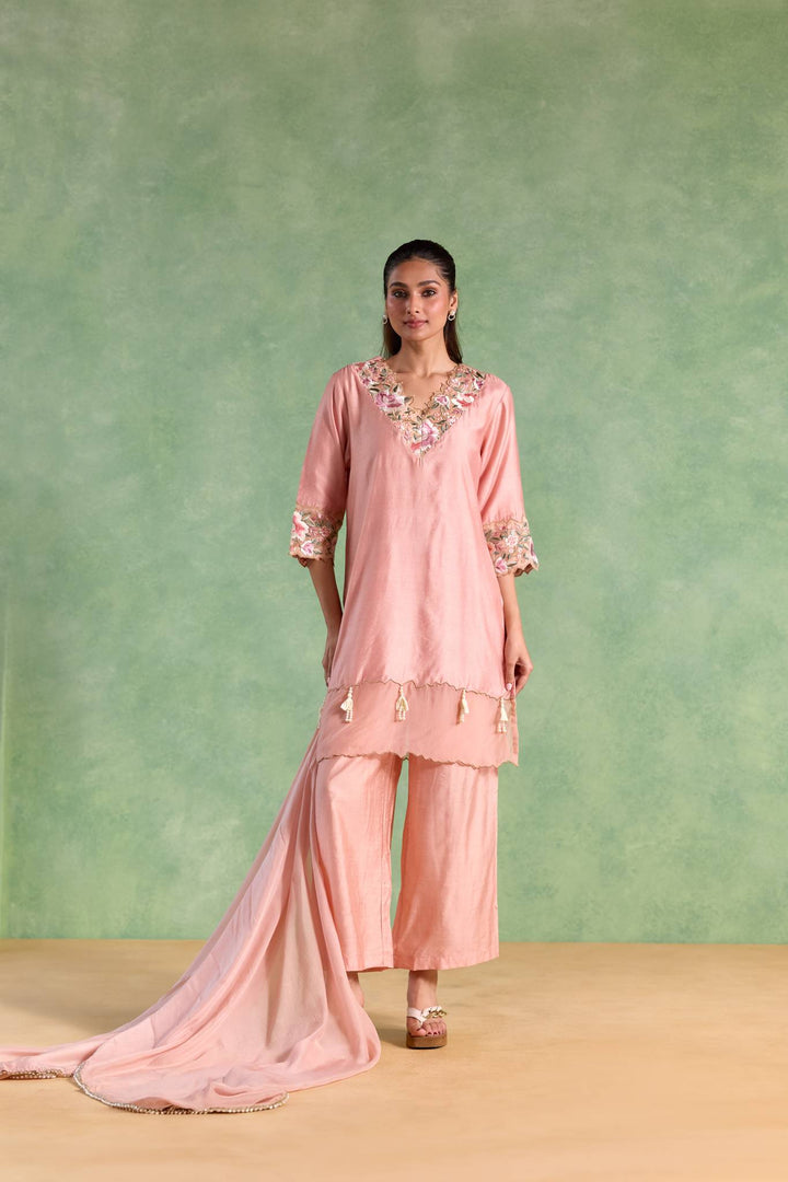 Soft Rose Embroidered Chanderi Kurta with Flared Pants and Dupatta - Set of 3