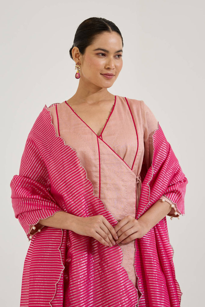 Pearl Pink Chanderi Stripe Angrakha with Narrow Pants and Dupatta - Set of 3