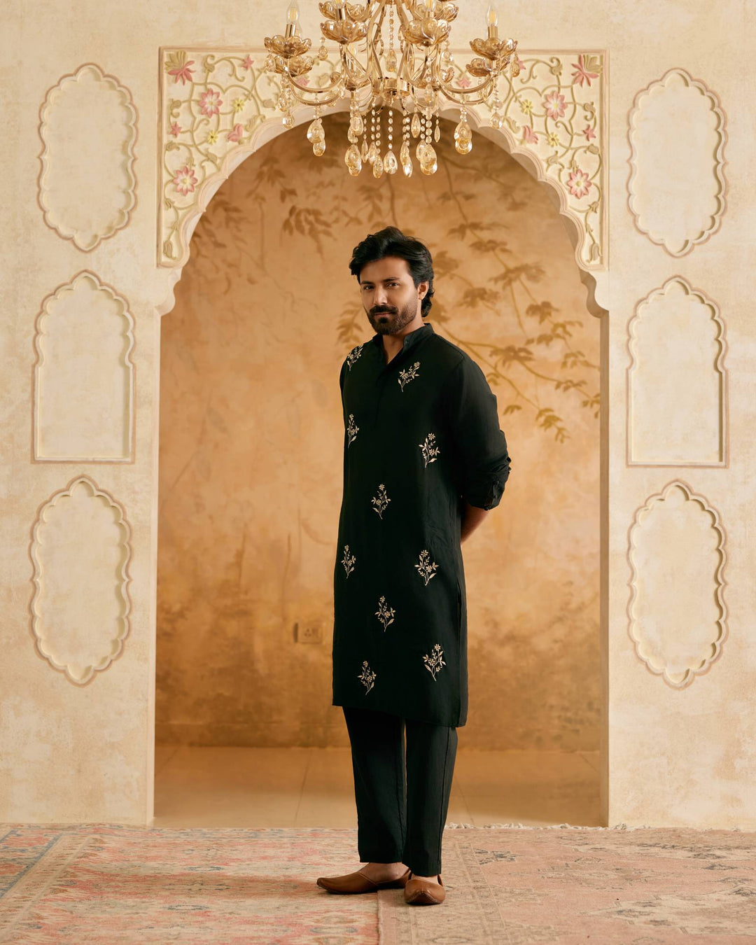 Royal Black Embroidered Silk Kurta