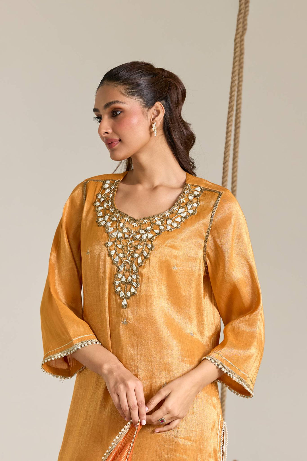 Orange Pearl Zari Embroidered Tissue Kurta Set with Stripe Dupatta - Set of 3