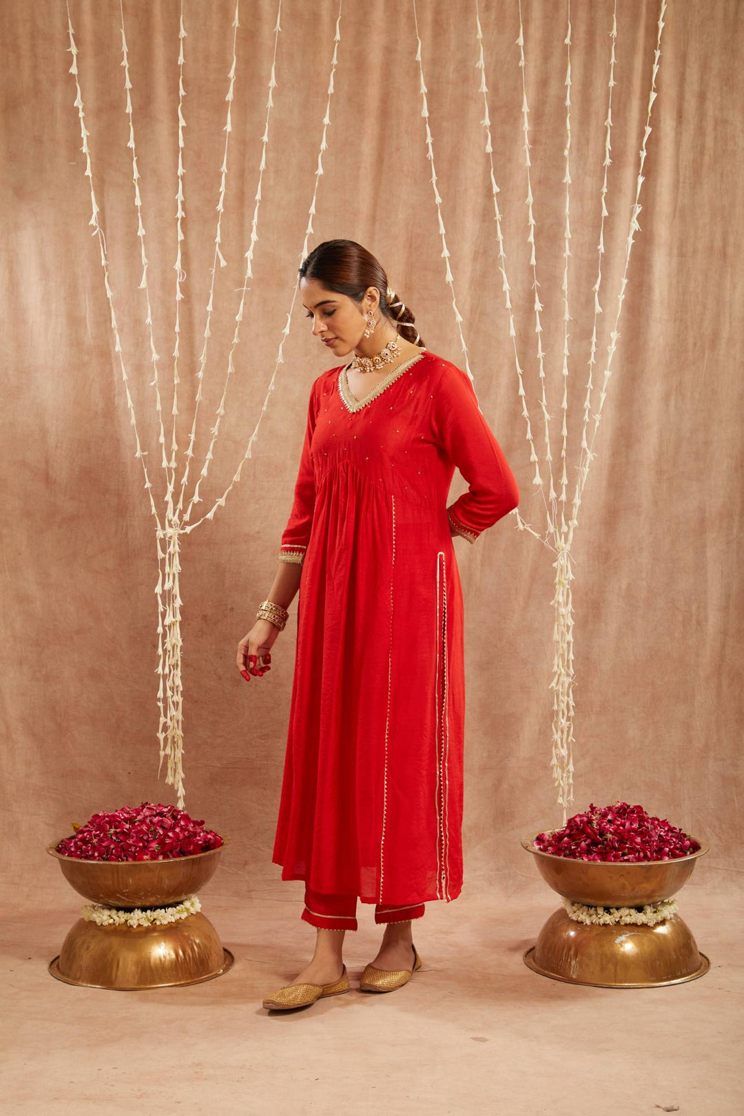 Red Charm Chanderi Kurta with Narrow Pants and Dupatta - Set of 3