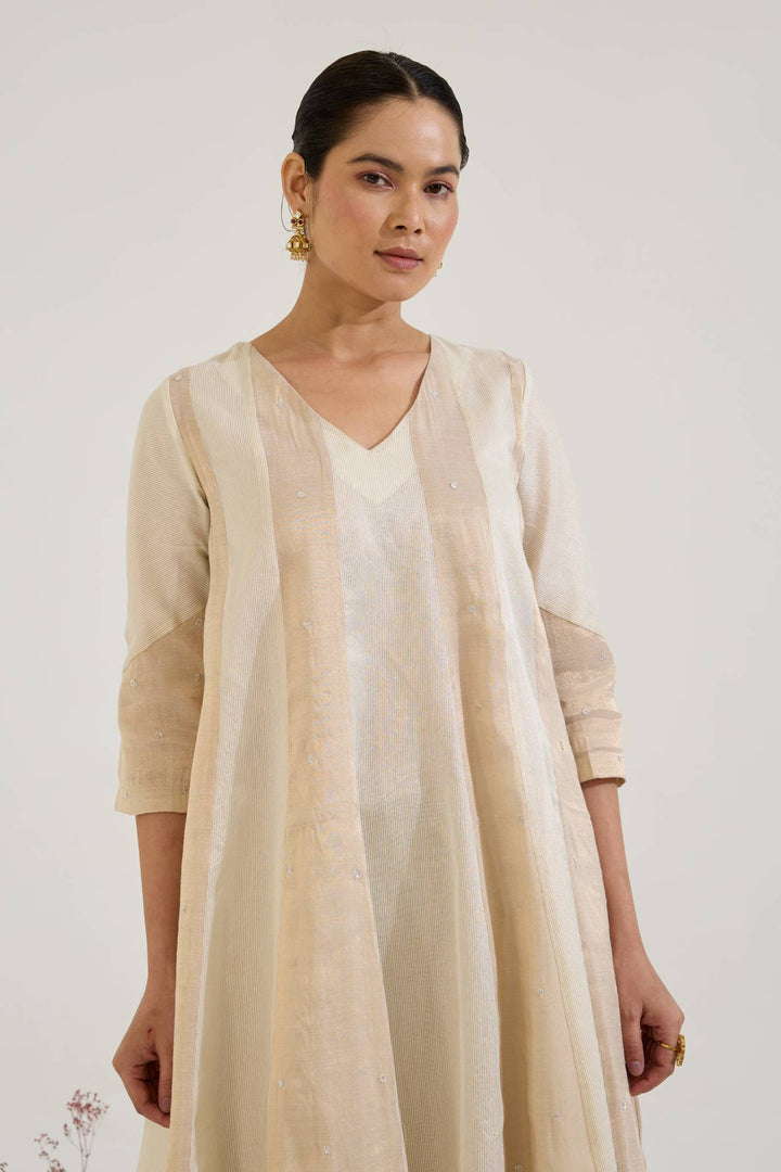 Gold Rose Panel Anarkali with Wide Leg Pants - Set of 2